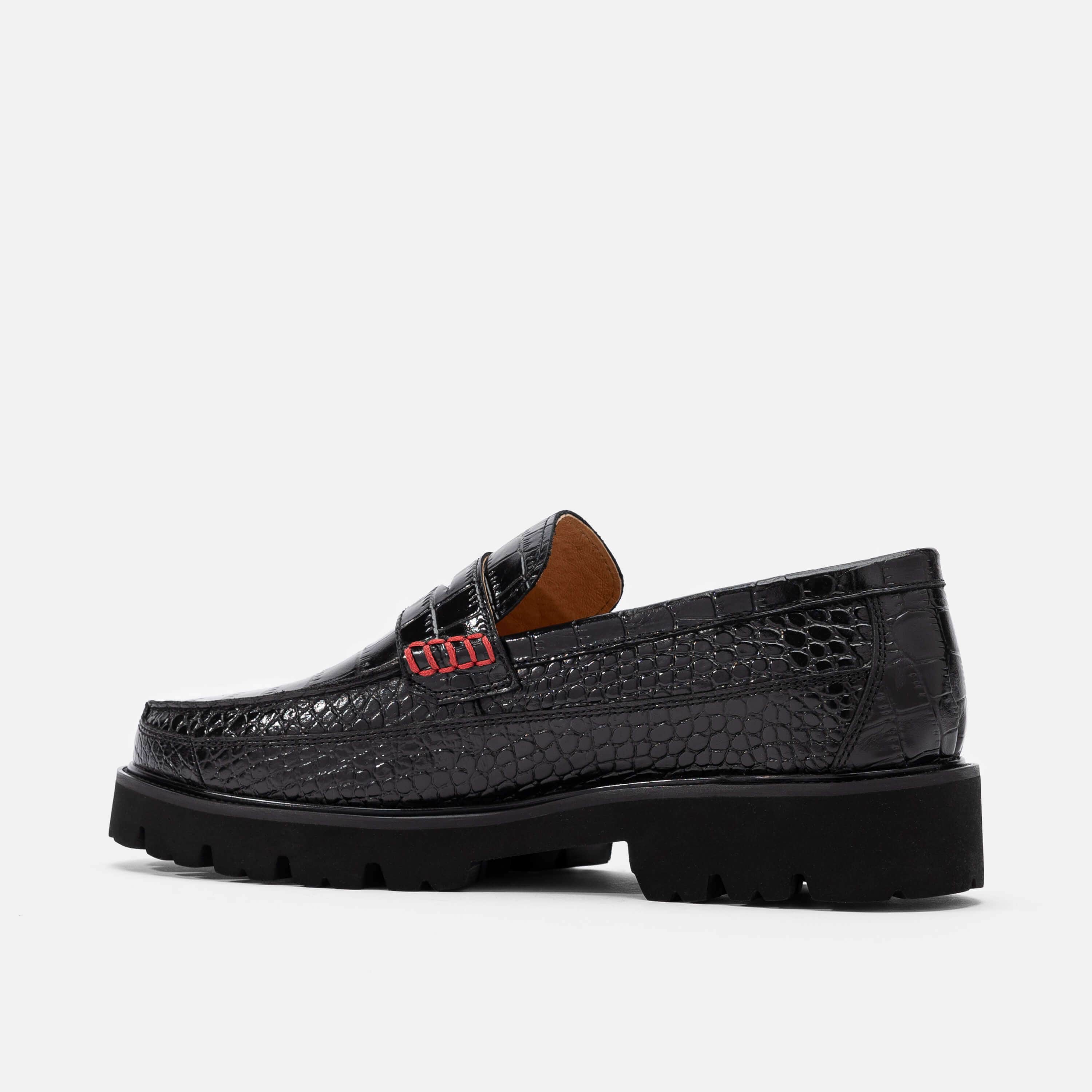 Adler Black Croc Leather Lug Penny Loafers - Image 4