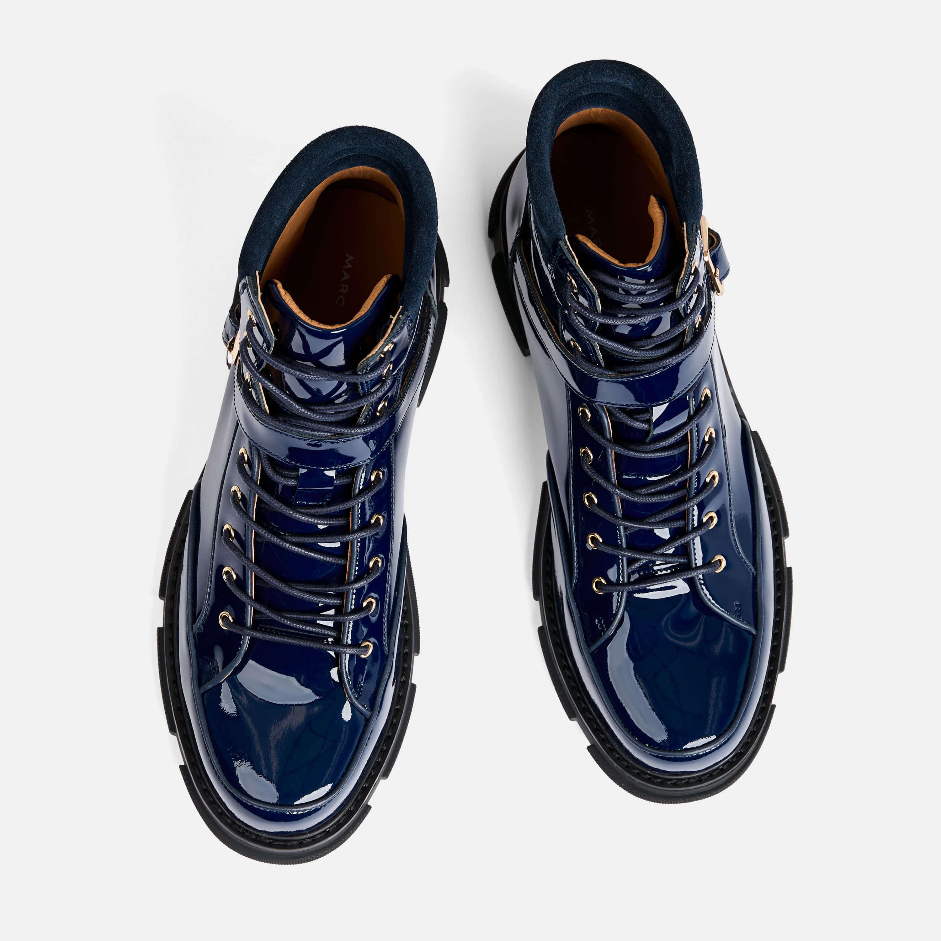 Atlas Navy Patent Leather Strap Boots - Image 6