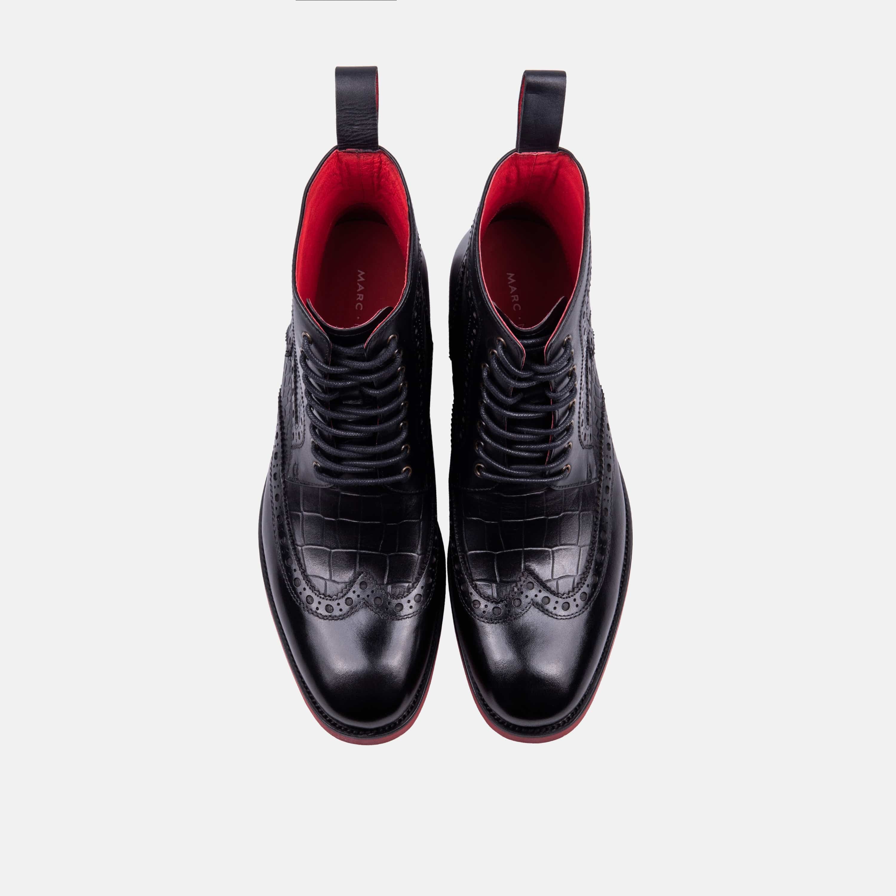 Belmont Black Crocskin Leather Wingtip Combat Boots - Image 4