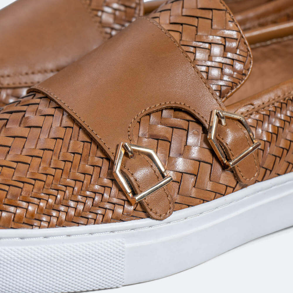 Kyler Cognac Woven Leather Monk Strap Sneakers - Image 3