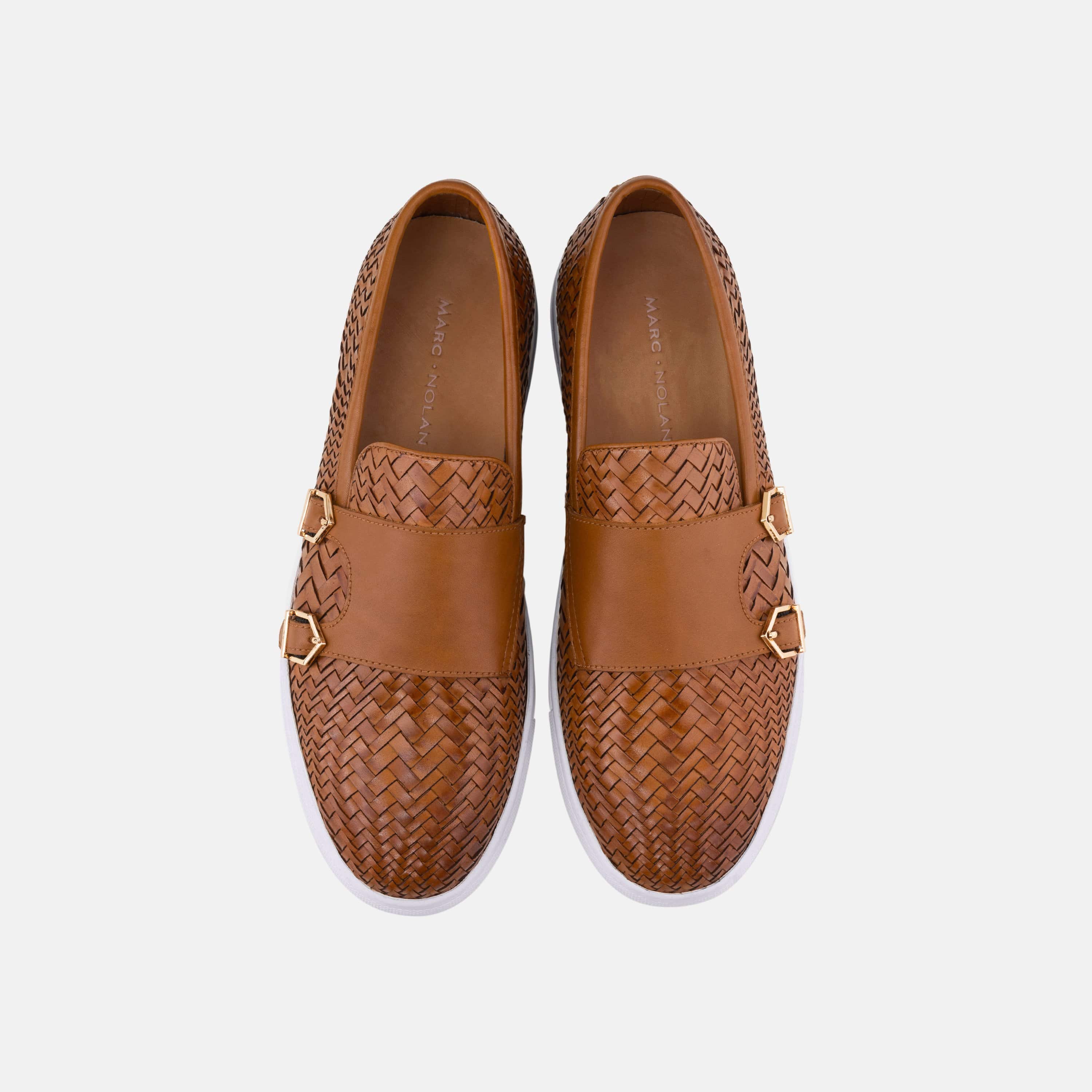 Kyler Cognac Woven Leather Monk Strap Sneakers - Image 4