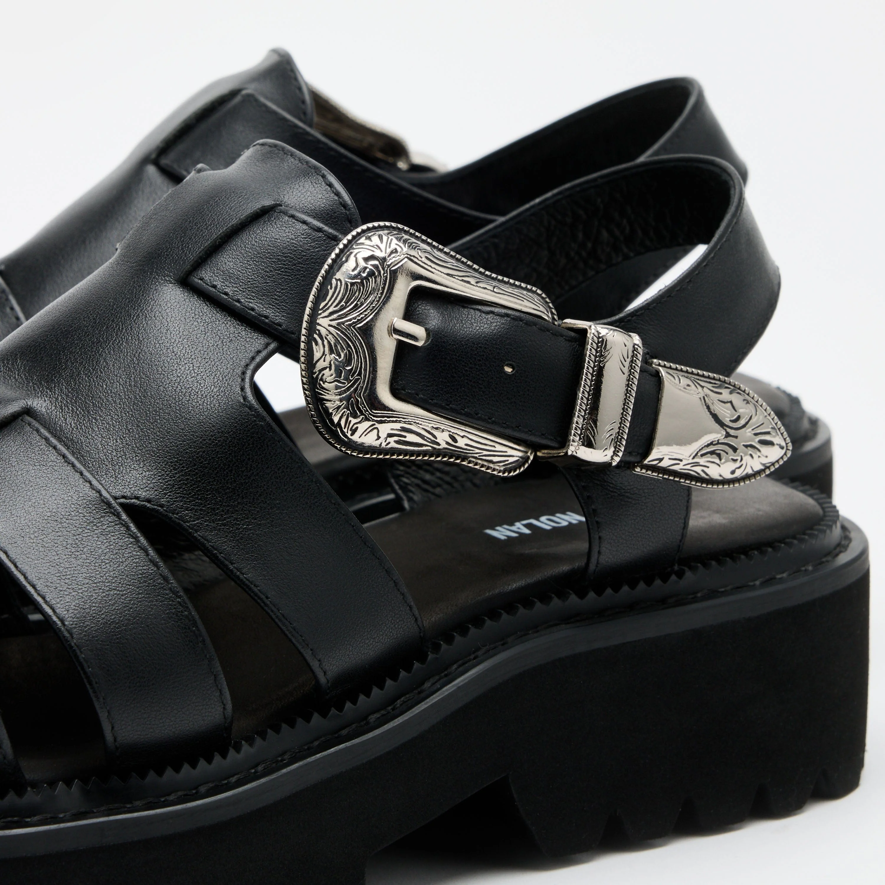 Maya Black Leather Lug Fisherman Sandals - Image 3