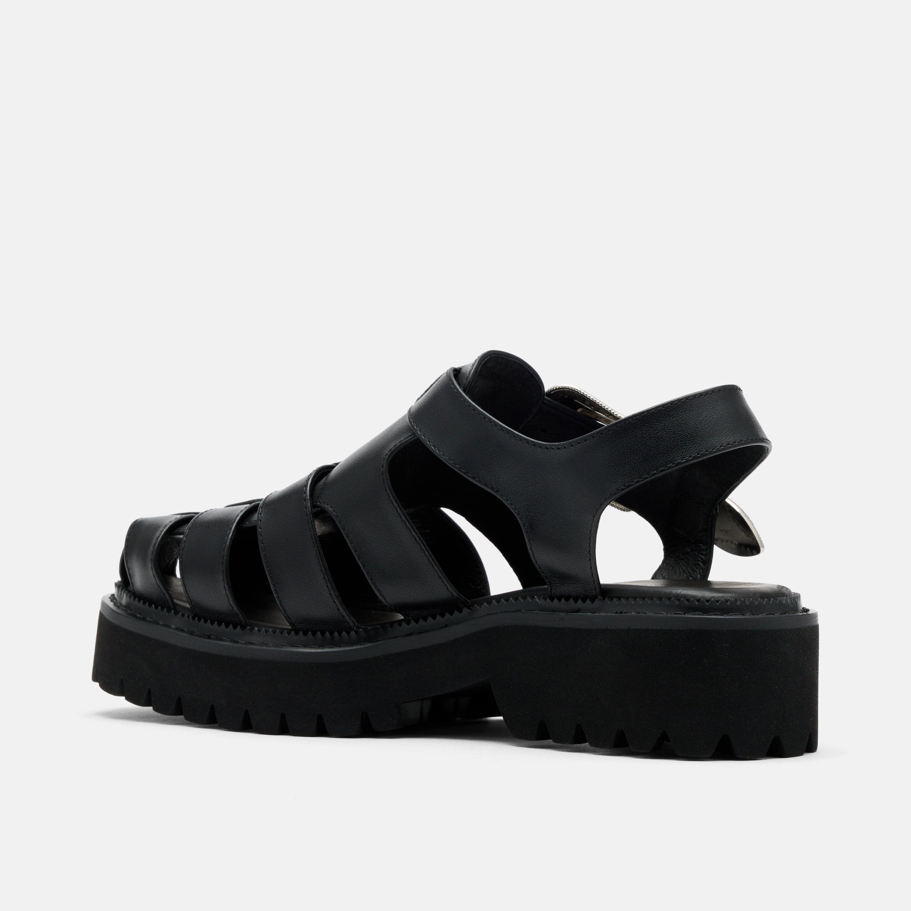Maya Black Leather Lug Fisherman Sandals - Image 4