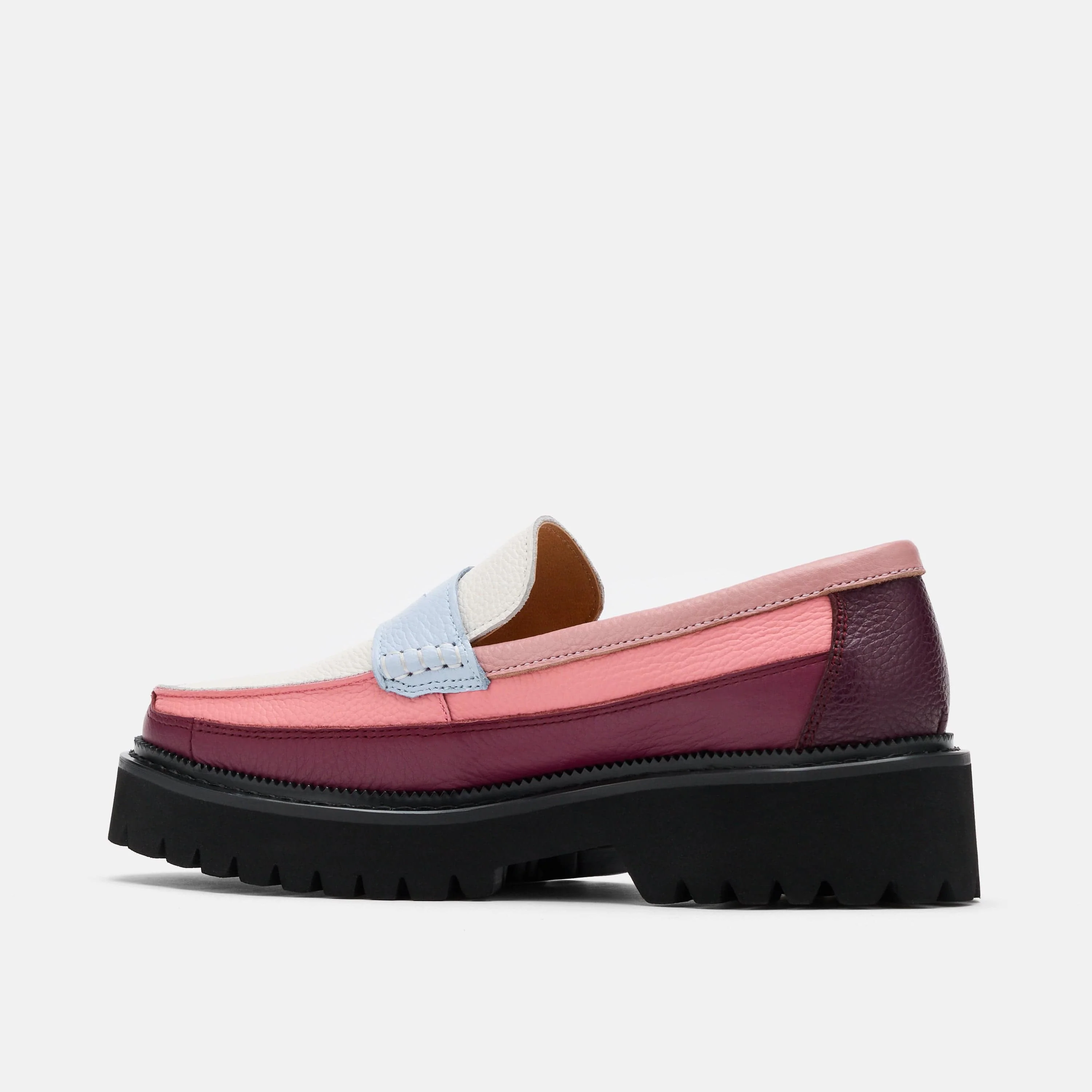 Ms. Adler Colorblock Pink/Burgundy/Blue Leather Lug Penny Loafers - Image 5