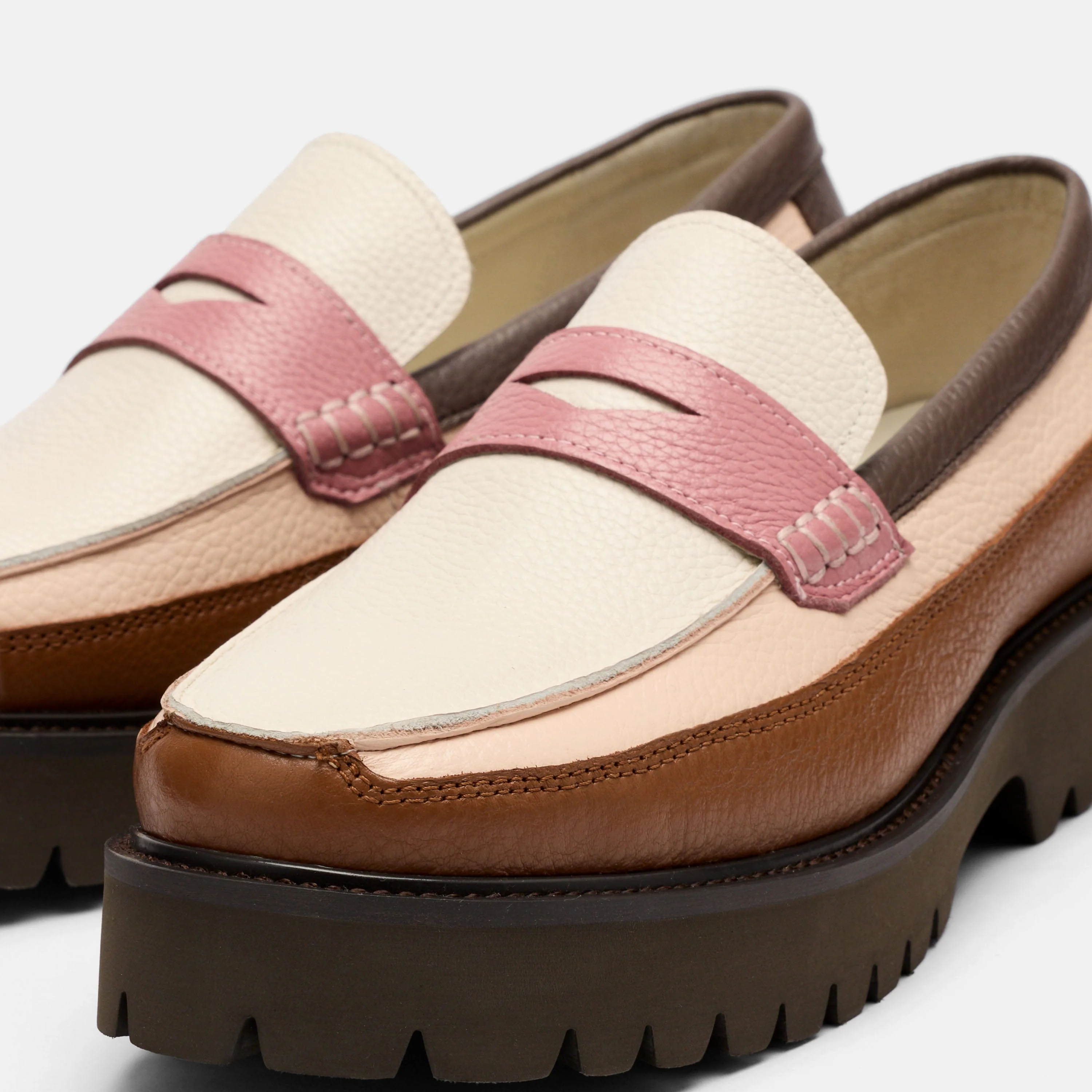 Ms. Adler Brown/Cream/Pink Colorblock Leather Lug Penny Loafers - Image 3