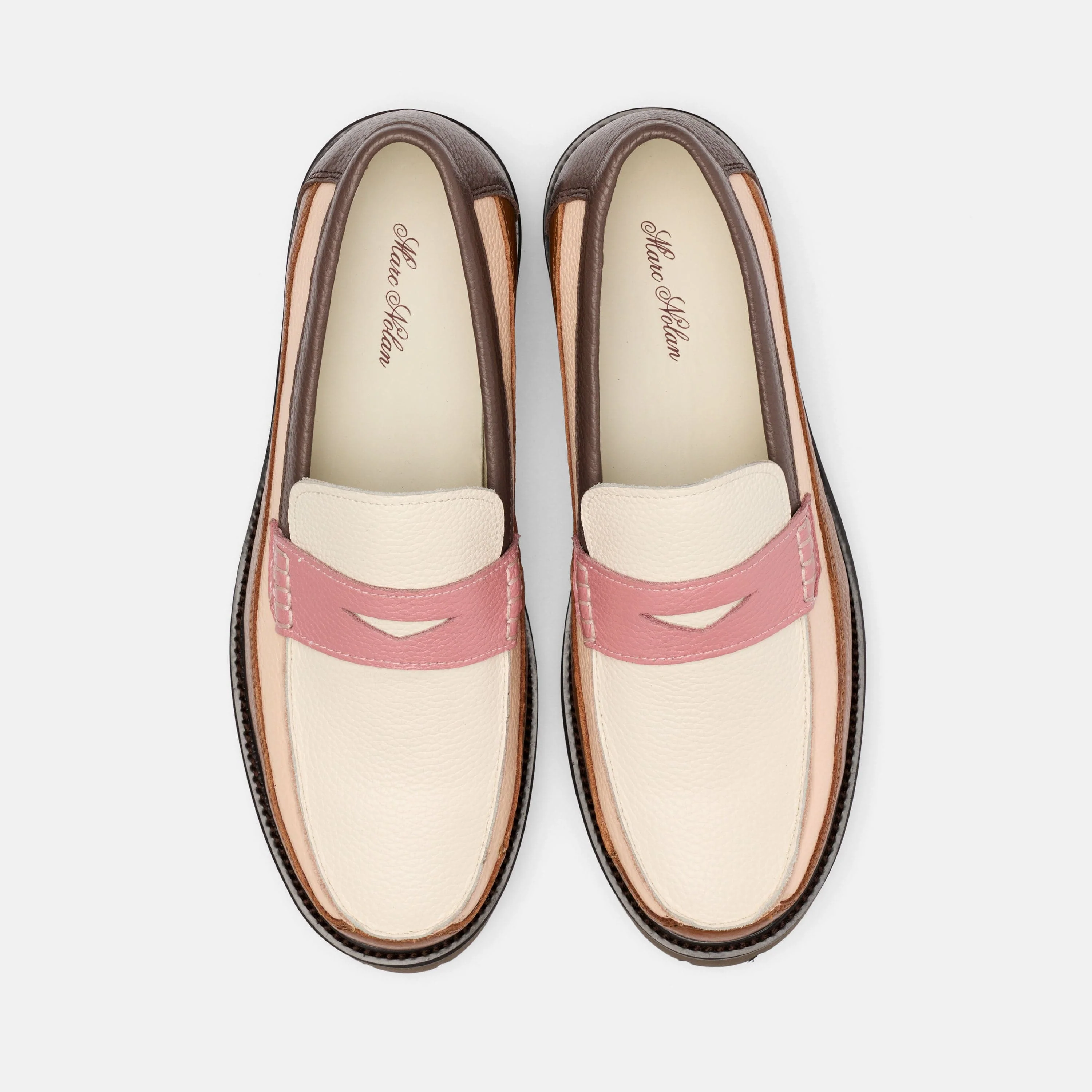 Ms. Adler Brown/Cream/Pink Colorblock Leather Lug Penny Loafers - Image 5
