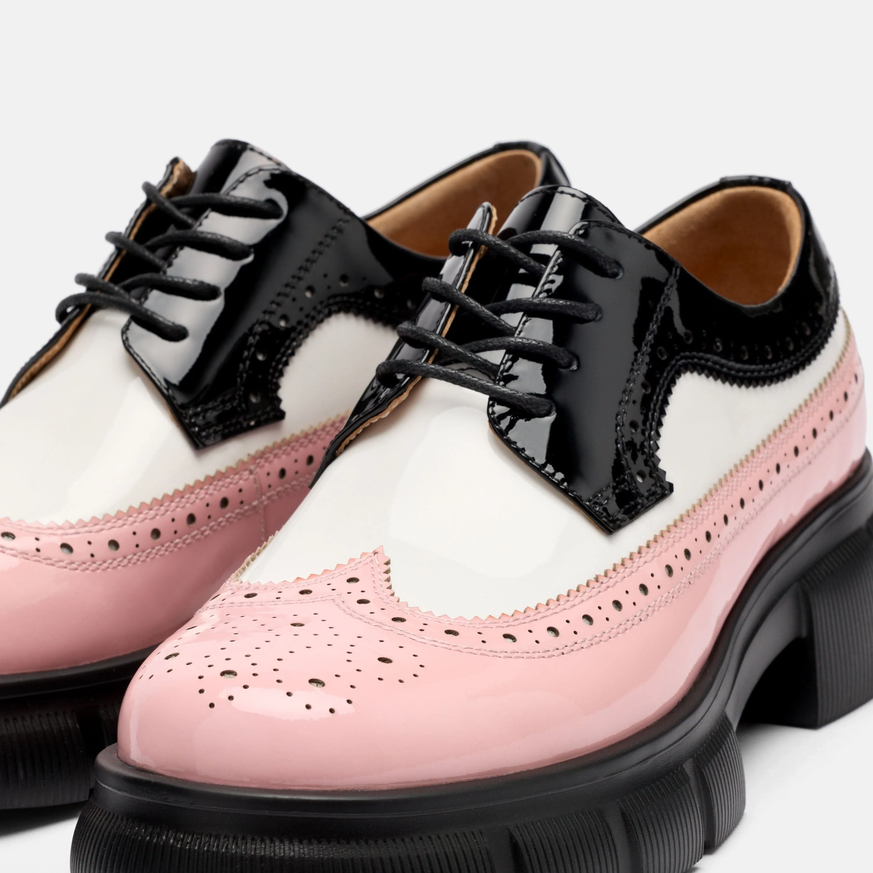 Ms. Alexander Black/White/Pink Patent Leather Lug Wingtip Derby - Image 3